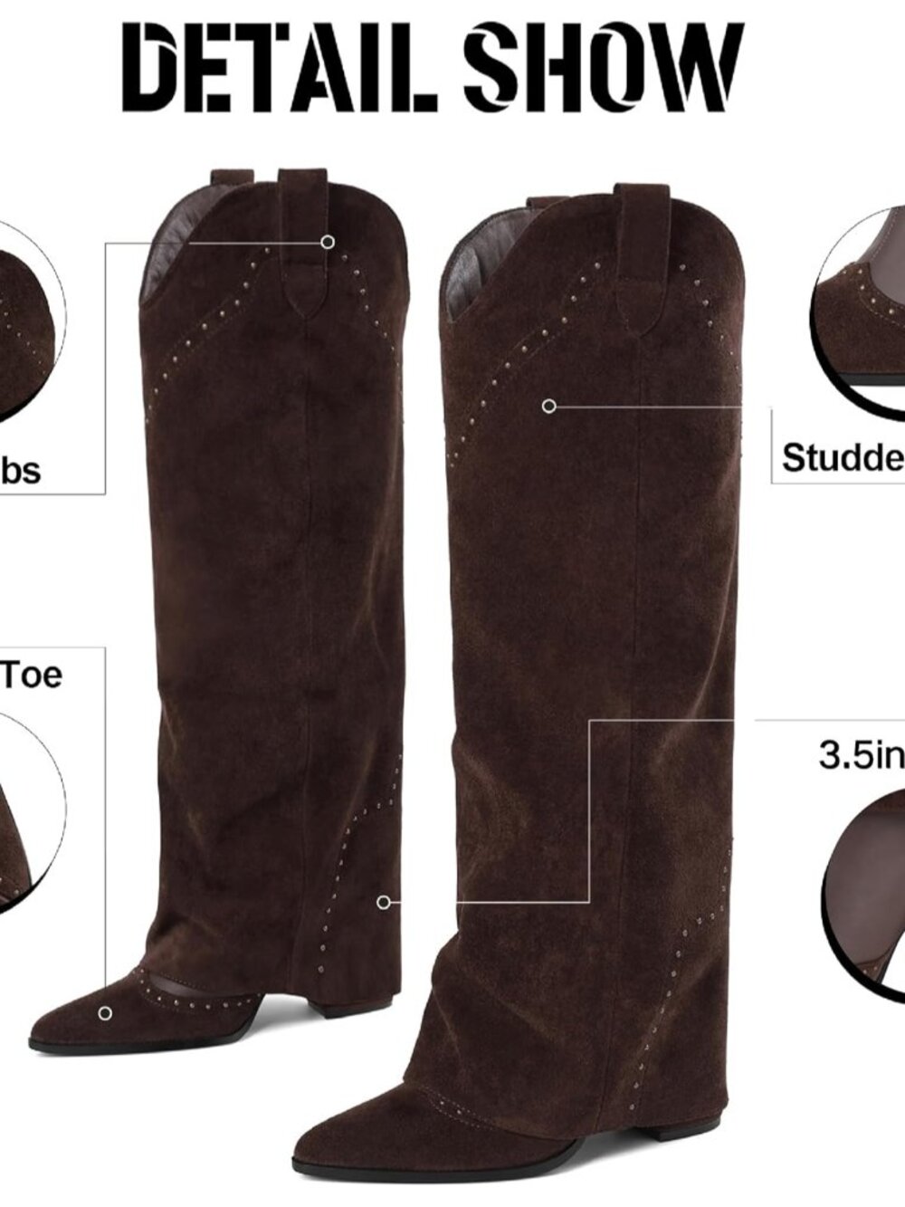 Women's Chocolate Shark Studded Fold Over Knee High Boots Pull on Cowgirl Boots - Picture 6 of 6